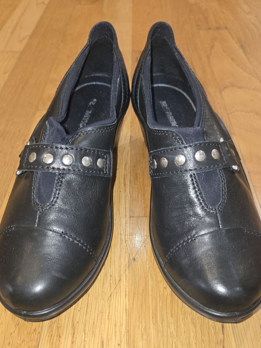 Romika Black Leather Stud-Trim Slip-On Mules